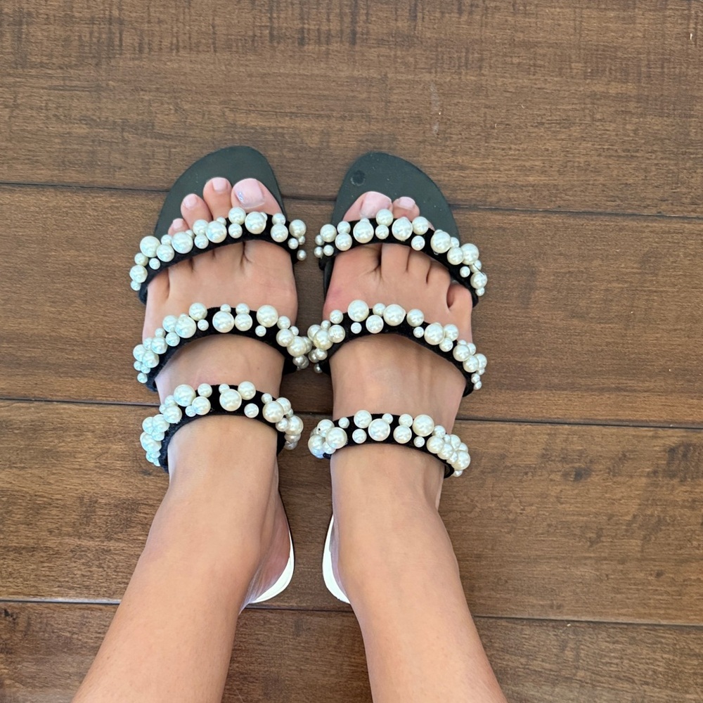 ZARA “Chanel” inspired Pearl-Embellished Black Strappy Slide Sandals - Women